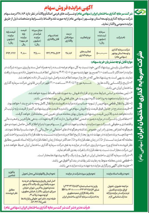 آگهی مزایده فروش سهام 